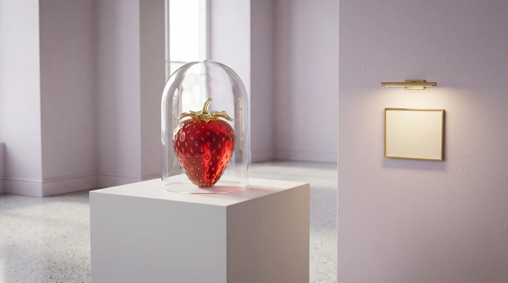 Una fragola gigante di vetro rosso sotto una campana di vetro, su un piedistallo bianco in una sala di museo, accanto a una targhetta vuota illuminata