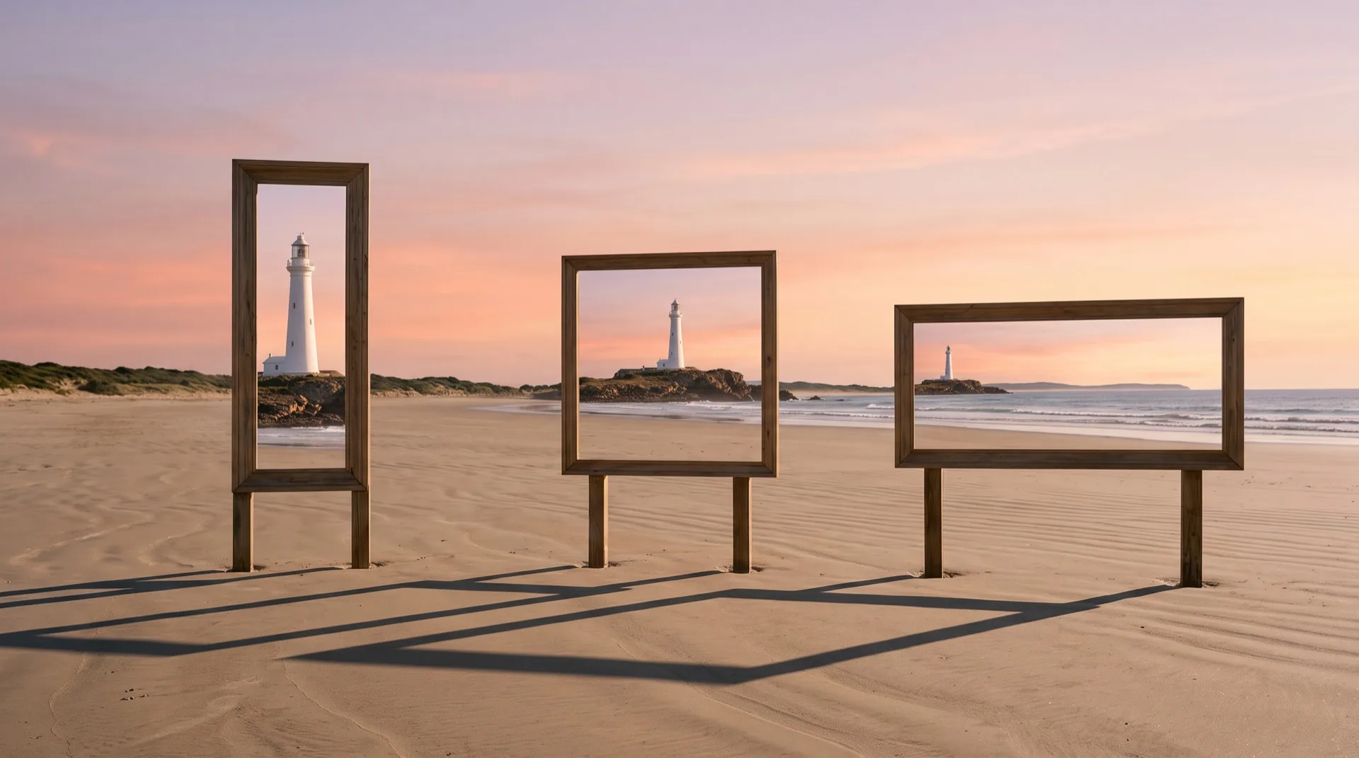 Tre cornici di legno di proporzioni diverse piantate nella sabbia al tramonto: ognuna inquadra lo stesso faro in modo diverso