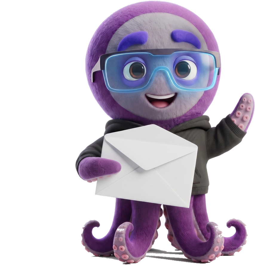 Leggy, la mascotte di Mindleg, con una lettera in mano